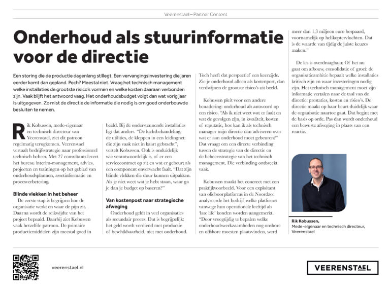 Artikel ‘Onderhoud als stuurinformatie voor de directie’ in het Financieele Dagblad, met een foto van Rik Kobussen van Veerenstael
